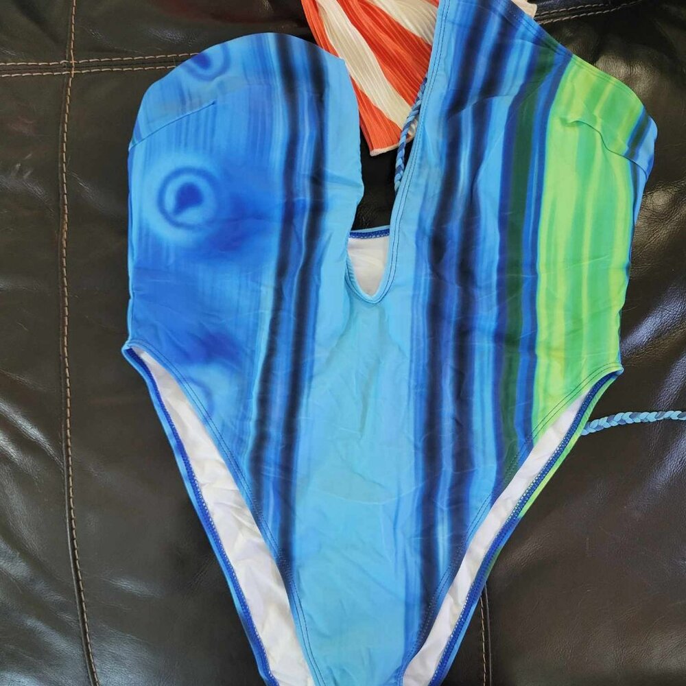 blue and green one piece bathing suit